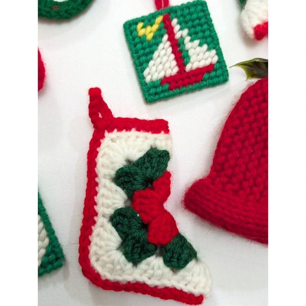 VTG Handmade Christmas Knit Crochet Plastic Canvas Yarn Ornaments Lot Of 7
